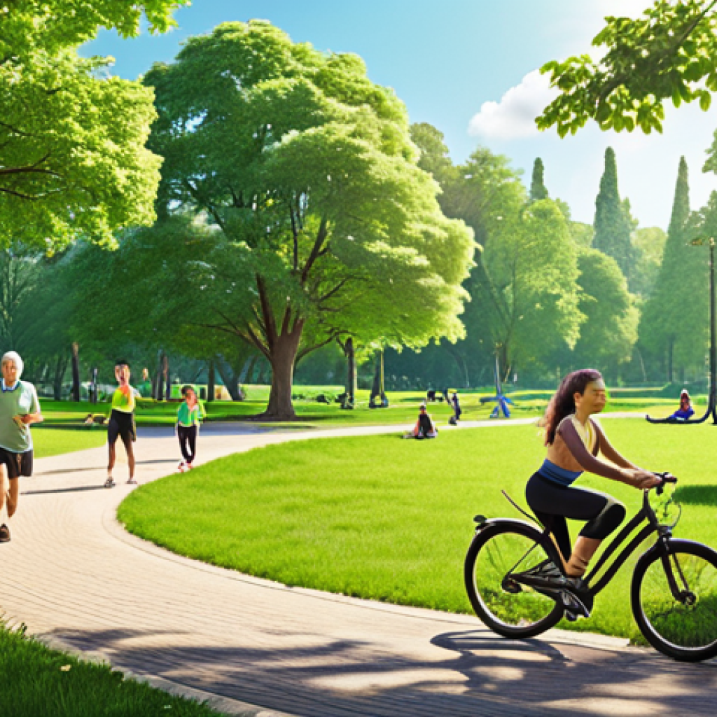 **

A serene park scene with diverse people of all ages enjoying various "green exercise" activities like walking, jogging, cycling, and yoga. Focus on the natural sunlight, fresh air, and overall sense of well-being. Emphasize the vibrant green environment.

**