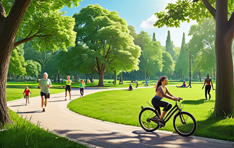 **

A serene park scene with diverse people of all ages enjoying various "green exercise" activities like walking, jogging, cycling, and yoga. Focus on the natural sunlight, fresh air, and overall sense of well-being. Emphasize the vibrant green environment.

**