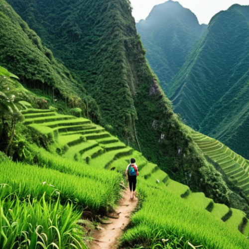 **

A person hiking through a lush green forest in Sapa, Vietnam. Focus on the majestic mountains and dense vegetation. The hiker should appear joyful and refreshed, showcasing the stress-reducing benefits of "Vận Động Xanh" (Green Exercise). Emphasize the feeling of conquering the landscape.

**