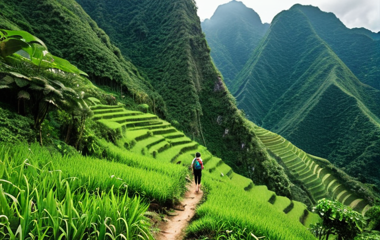 **

A person hiking through a lush green forest in Sapa, Vietnam. Focus on the majestic mountains and dense vegetation. The hiker should appear joyful and refreshed, showcasing the stress-reducing benefits of "Vận Động Xanh" (Green Exercise). Emphasize the feeling of conquering the landscape.

**
